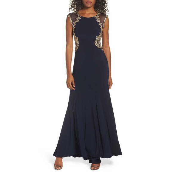 Aqua Dresses Navy Gold Embellished Jersey Gown